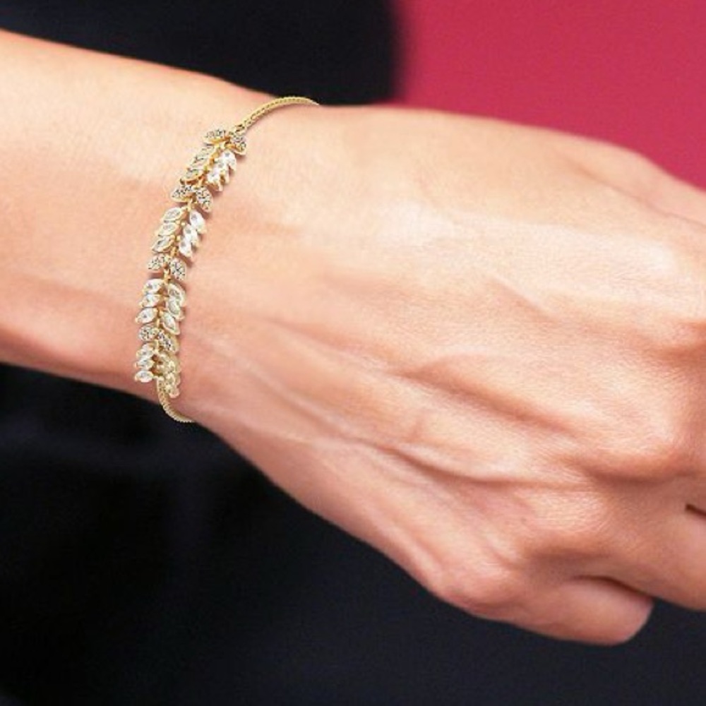 18k Gold Over Silver Lab-Created White Sapphire Leaf Adjustable Bracelet